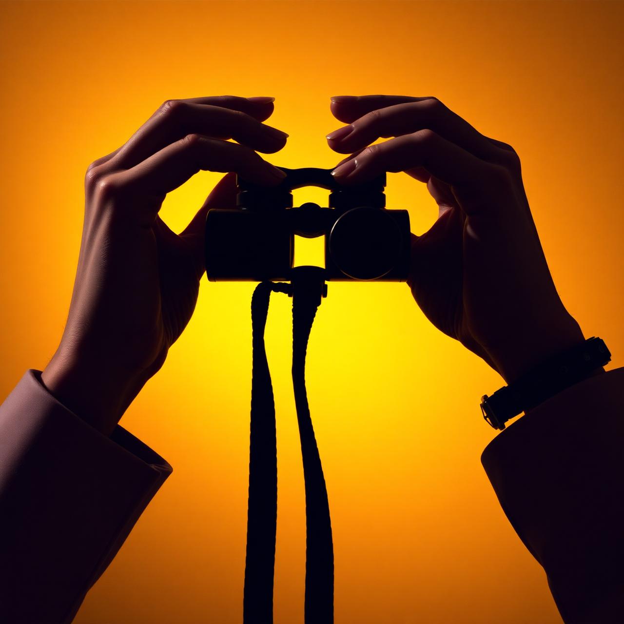 Hands holding a camera against a saffron yellow background